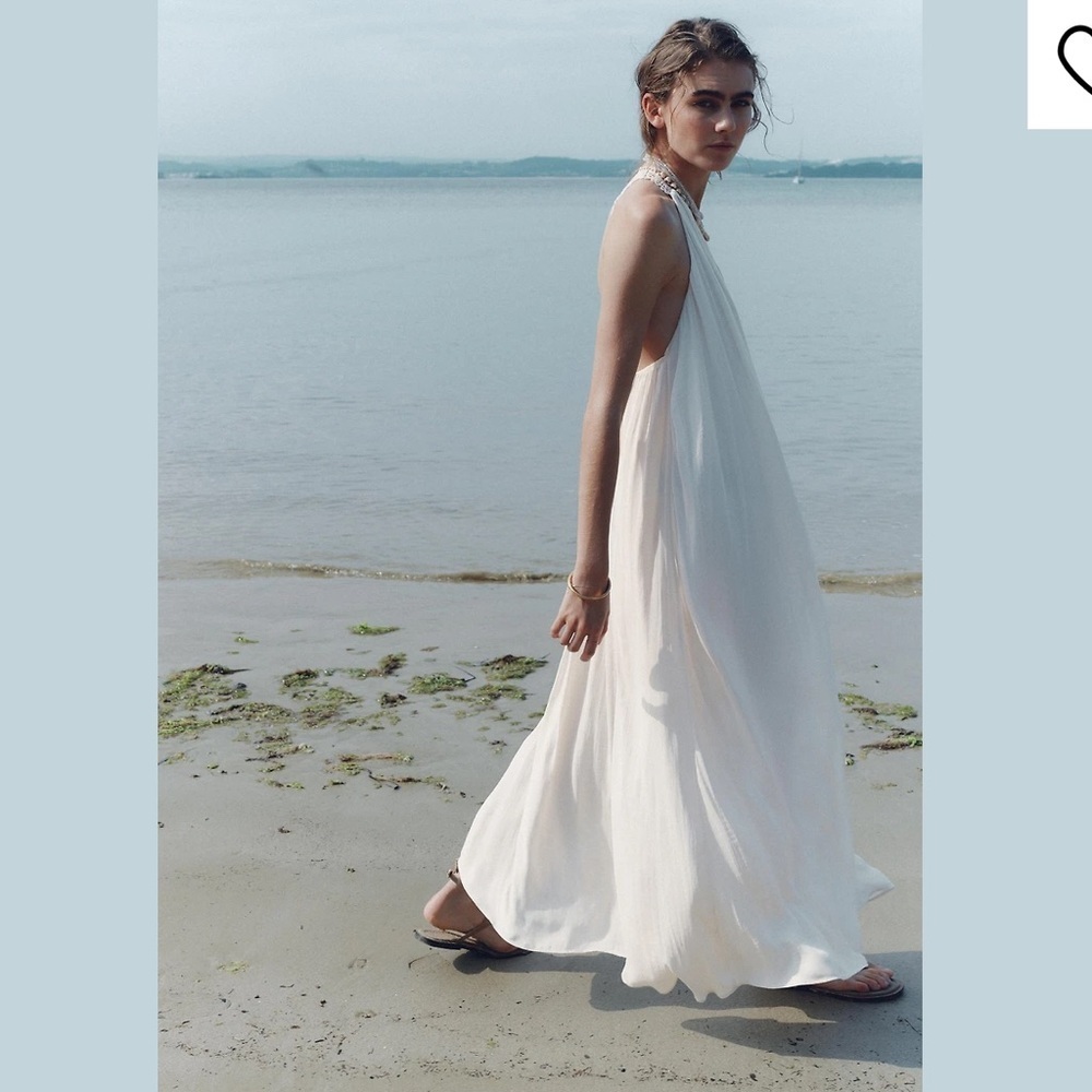 Flowy White Halter Maxi Dress Lace Back Beach Boho Romantic Bride Zara NWT M-L - Picture 2 of 13